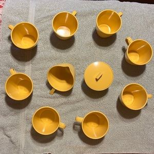 Vintage Melamine Yellow Sugar, Creamer and 8 coffee cups